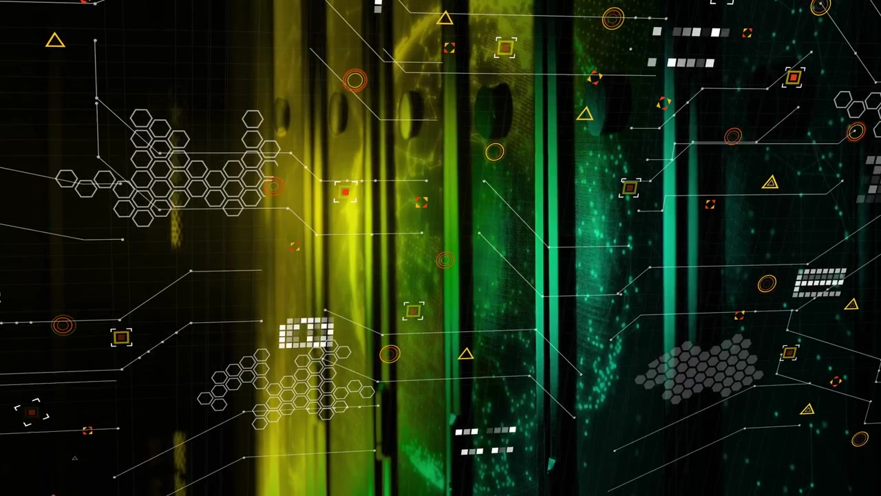 Al caricamento, bande verticali mostrano una sfera che sale, linee che collegano esagoni in movimento e un HUD che si forma per visualizzare i dati.