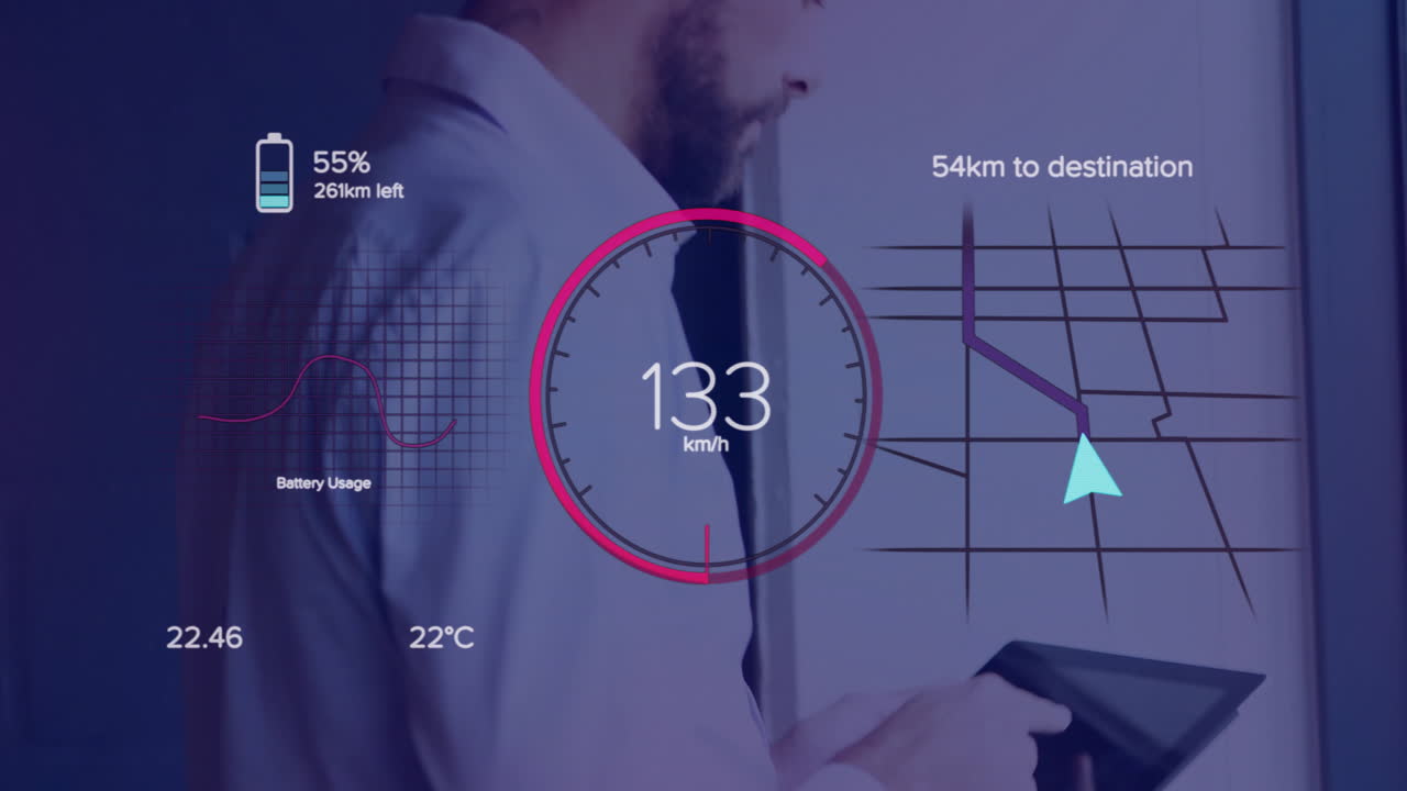 Using tablet, person viewing digital dashboard with animation of speed and battery usage