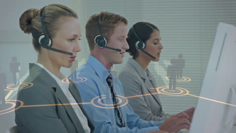 Animation-of-network-of-connections-over-business-people-wearing-phone-headsets