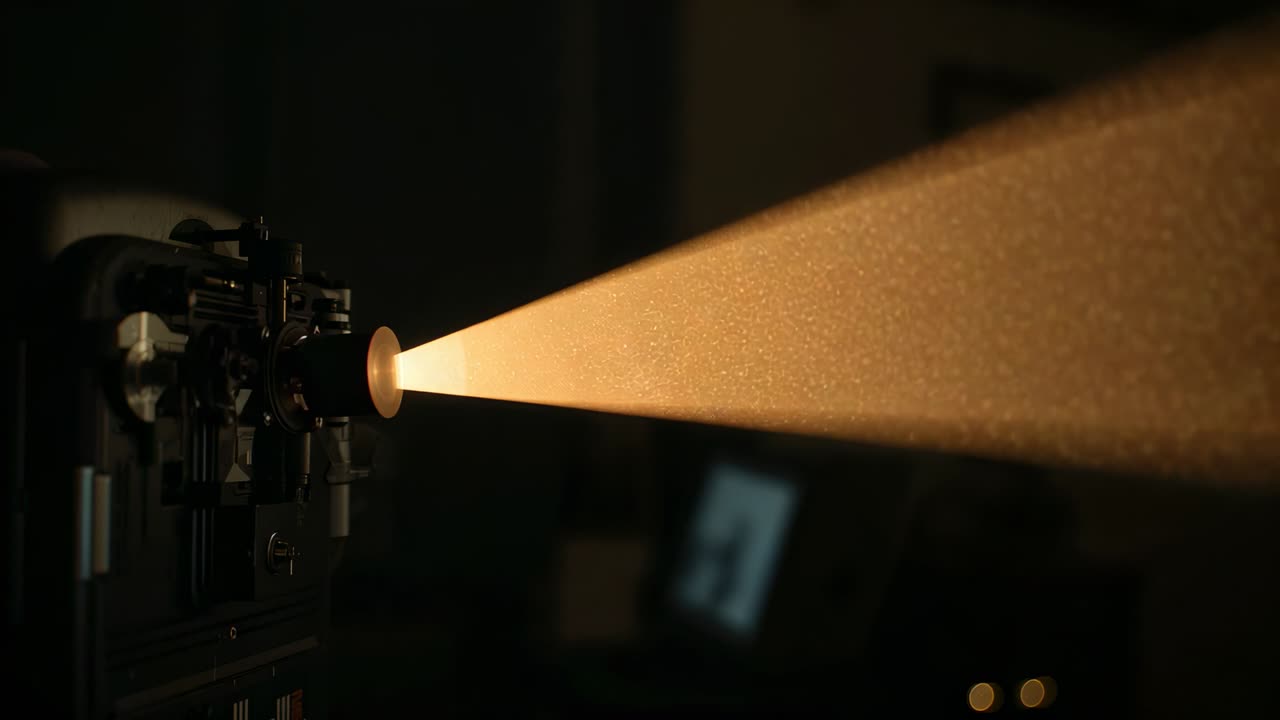 Clicking lamp activating antique projector casting golden beam with gears in darkroom, copy space