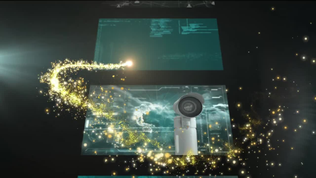 Animation von funkelndem goldenem Feuerwerk über Datenverarbeitung auf einer Kaskade von Benutzeroberflächenbildschirmen.