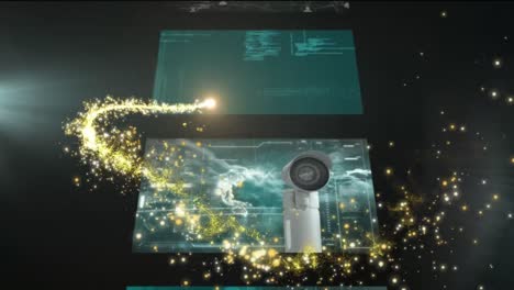 animation of sparkling gold firework over data processing on cascade of interface screens