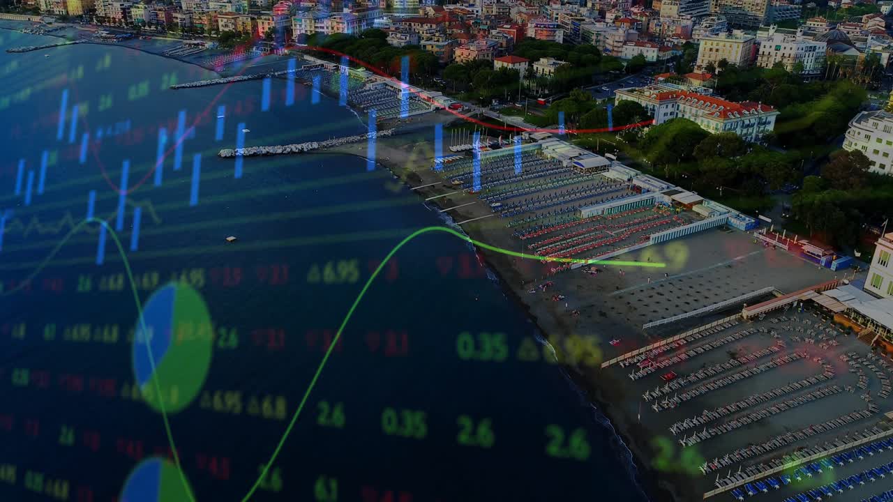 On aerial footage starting, camera panning coast, charts materializing, shifting for market trends