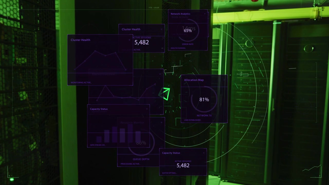 Green diamond marker appearing, glowing, HUD forming, stacking panels and scanning system metrics