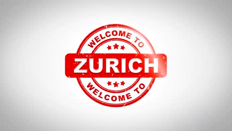 welcome to zurich signed stamping text wooden stamp animation. red ink on clean white paper surface background with green matte background included.