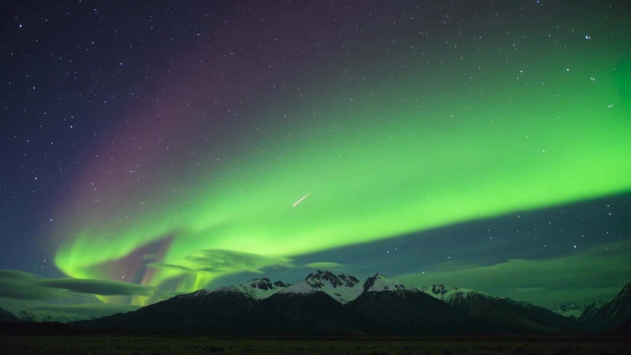 Una fascia aurorale verde cangiante si estende sulle cime innevate di notte, con una cortina viola da una tempesta solare.