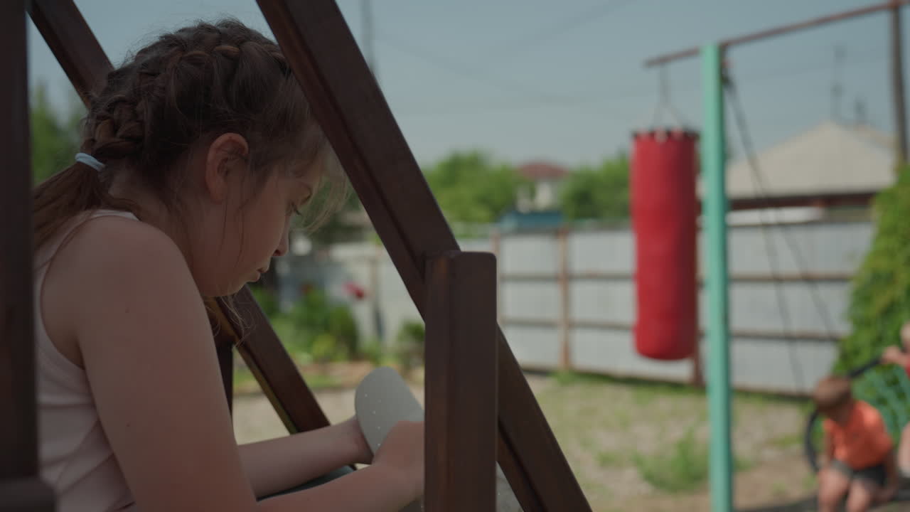 White Girl Drawing On Porch Steps Overlooking Siblings On Swing In Sunny Backyard, Wooden Railing, Pencil On Paper, Intimate Candid Moment, Garden Fence And Greenery In Warm Summer Light