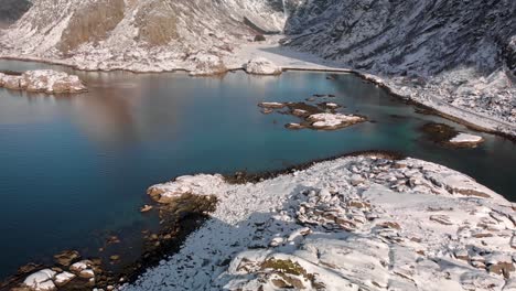 aerial drone shot of the lofoten islands in norway during winter