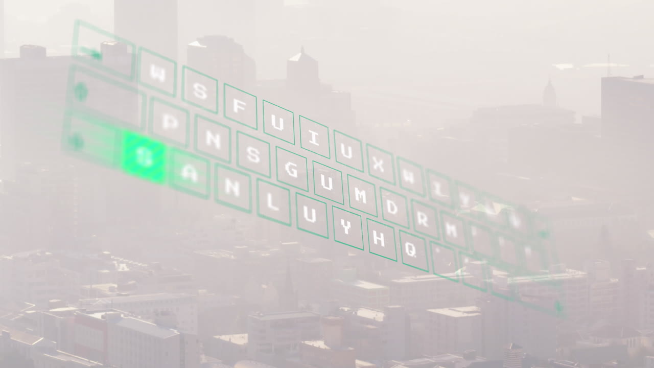 도시 풍경 위의 데이터 처리 애니메이션