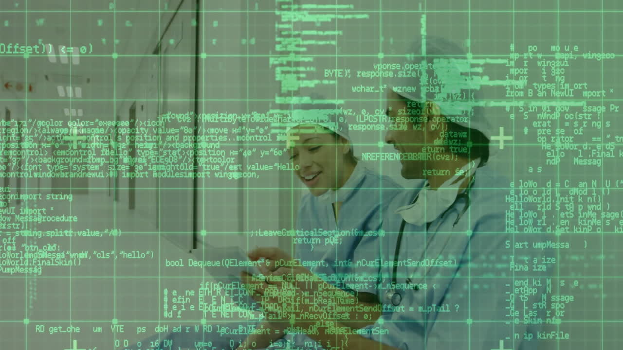 Two doctors consulting tablet in hospital corridor, blending live action with green code overlay