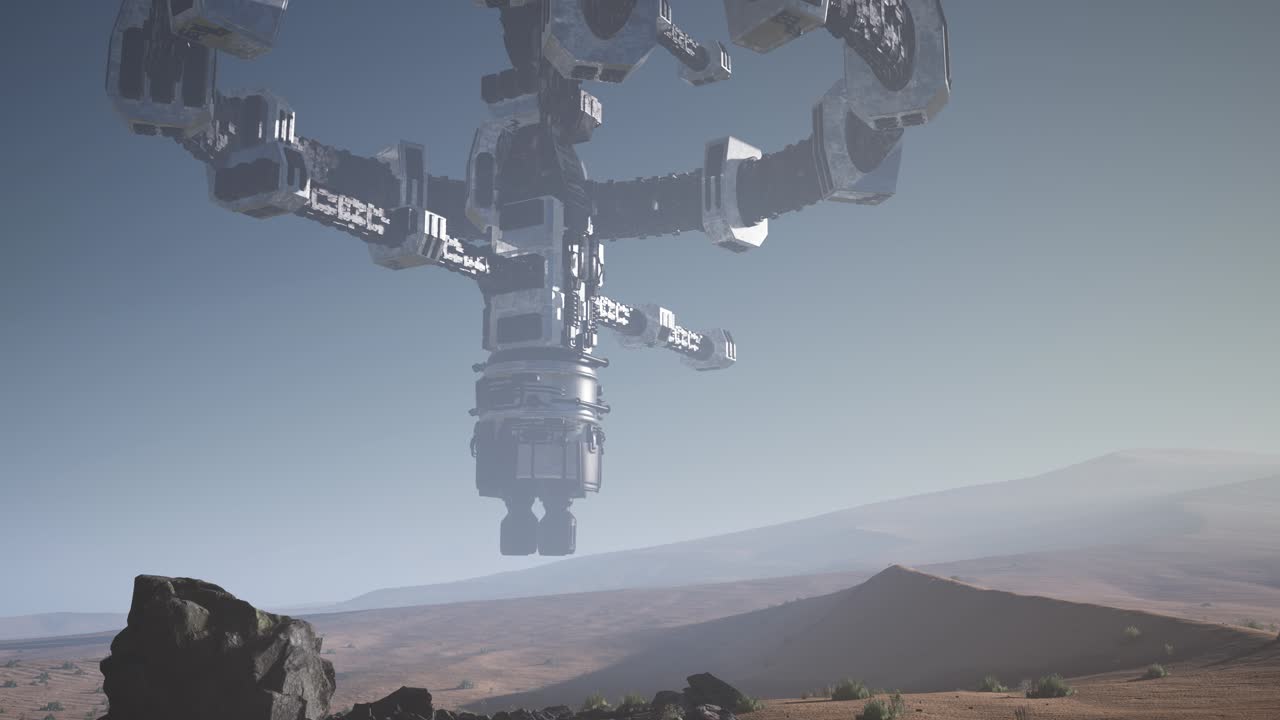 외계인 우주선이 사막 위를 회전하고 있습니다.