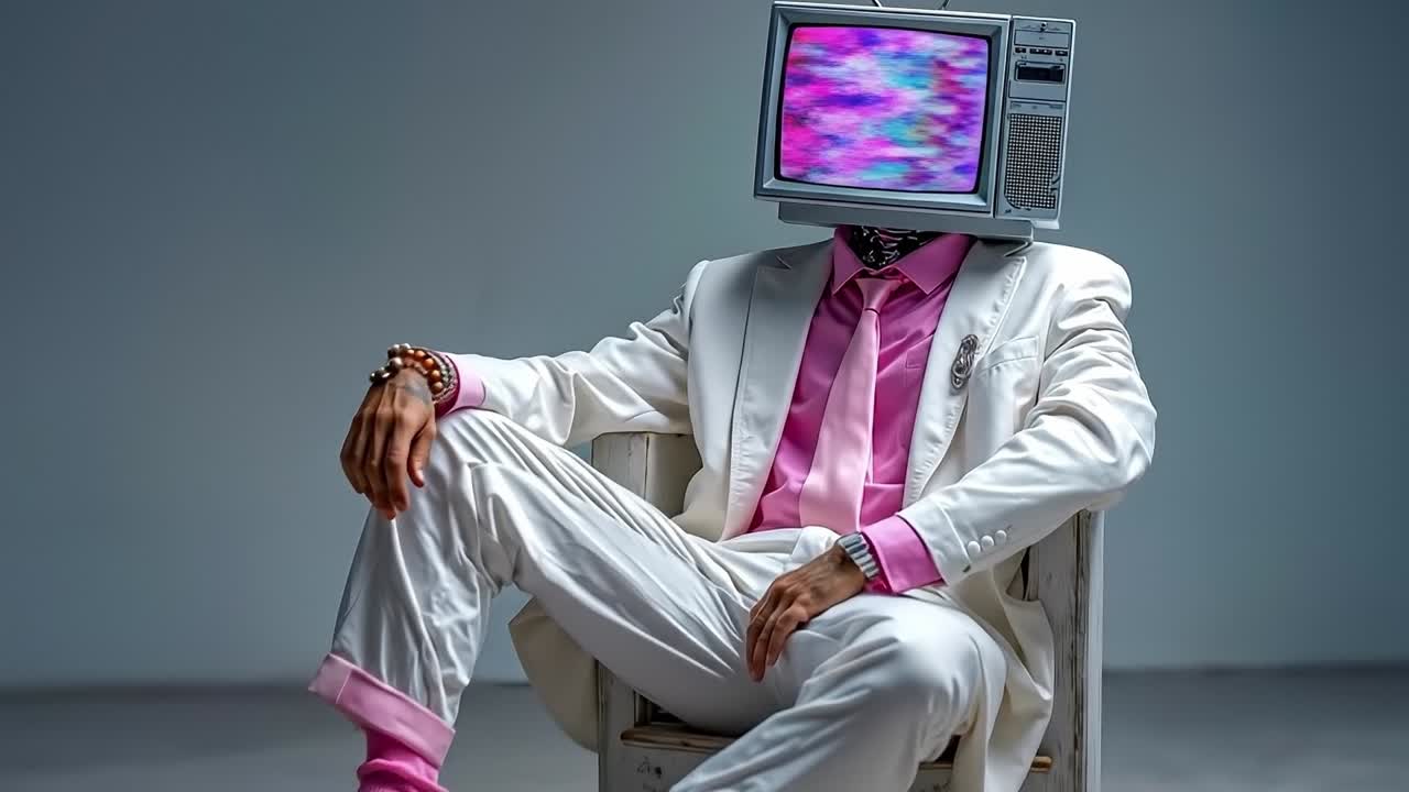 A man in a white suit sitting in a chair with a television on his head