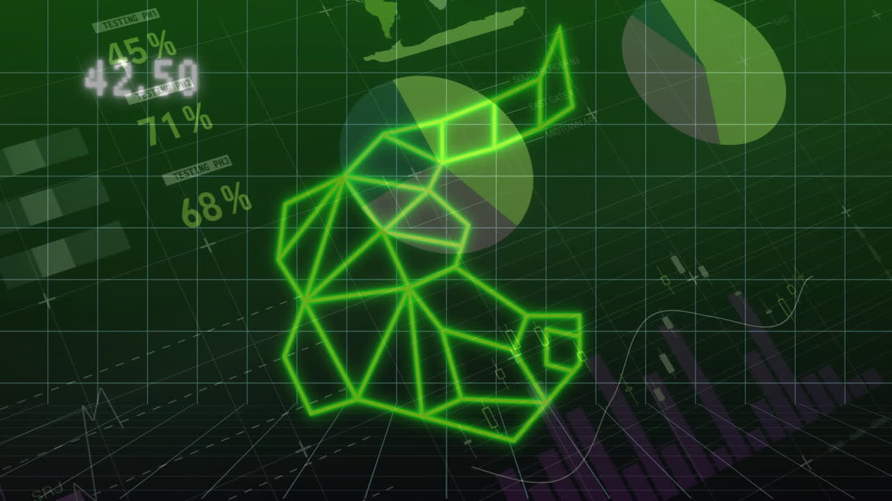 datos alcistas del mercado de valores y animación de crecimiento sobre figura de toro geométrica verde