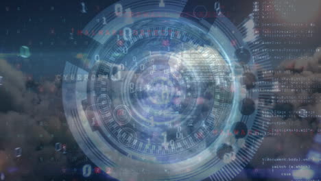 animación del círculo de procesamiento, código binario y procesamiento de datos sobre un cielo nublado
