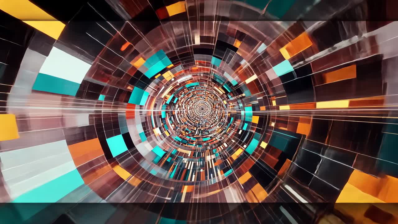 Entering camera perspective moving forward inside circular digital tunnel, showing rotating panels