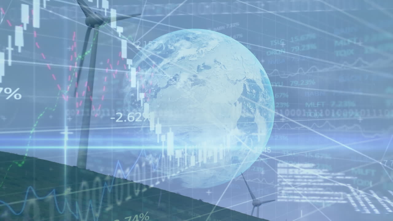 금융 데이터 처리의 애니메이션과 풍력 터빈 위의 지구