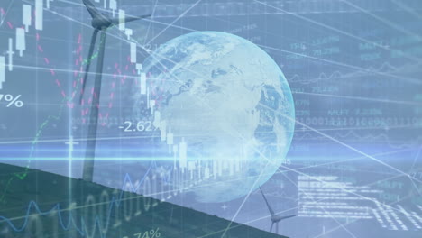 animación del procesamiento de datos financieros y el globo sobre la turbina eólica