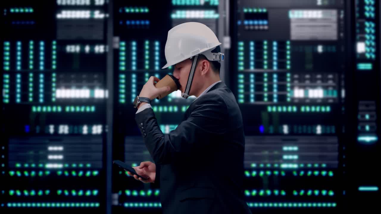 Side View of Asian Businessman Use Smartphone, Drink Coffee While Walking in Server Room Data Center