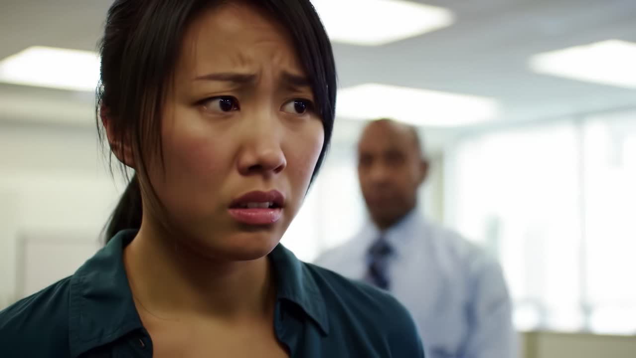 A woman displays worry and unease in a busy office setting while discussing a challenging topic with colleagues. The atmosphere is tense as decisions are being made.