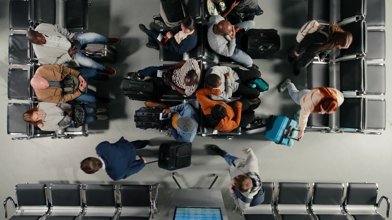 Top down view of multiethnic men and women chatting in busy airport