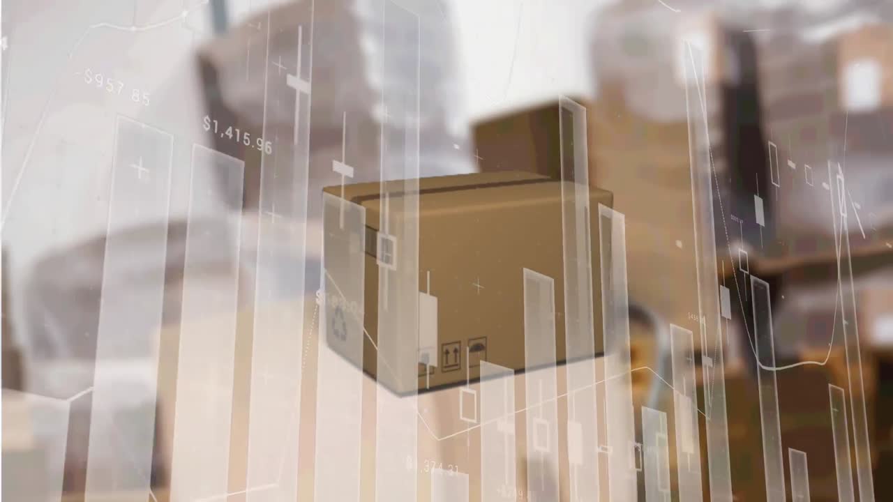 animación del procesamiento de paquetes y estadísticas en los estantes del almacén