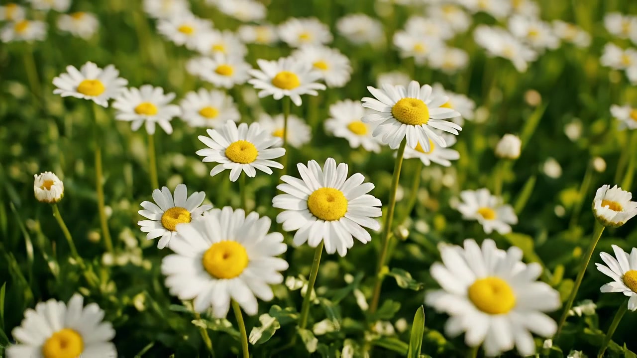 Bellissimo campo di margherite bianche in fiore in un prato verde e soleggiato