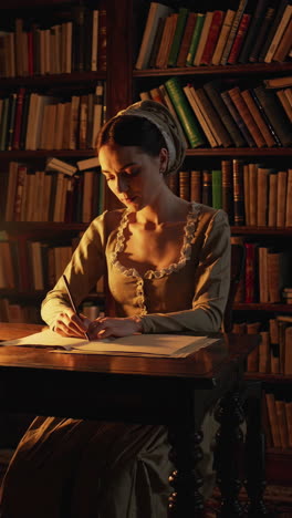 woman writing in a historical library