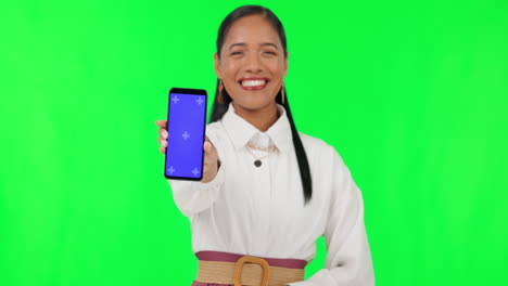 Teléfono,-Pantalla-Verde-Y-Sonrisa-Con-Mujer-De-Negocios