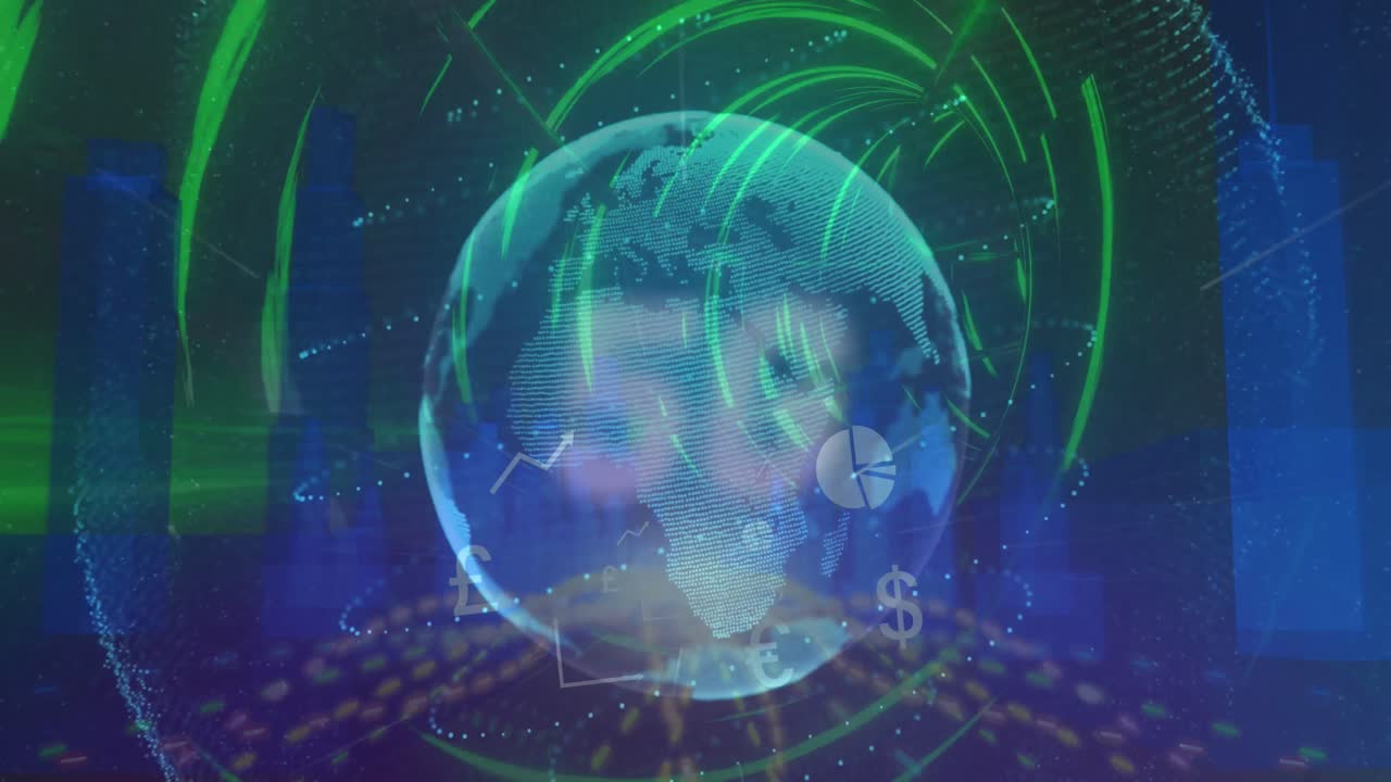 빛나는 터널에 대한 3d 도시 모델 위에서 회전하는 지구