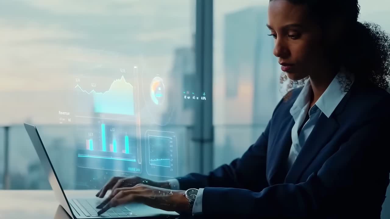 Video ravvicinato di mani che digitano su un laptop, con grafici digitali sovrapposti, angolazione laterale.