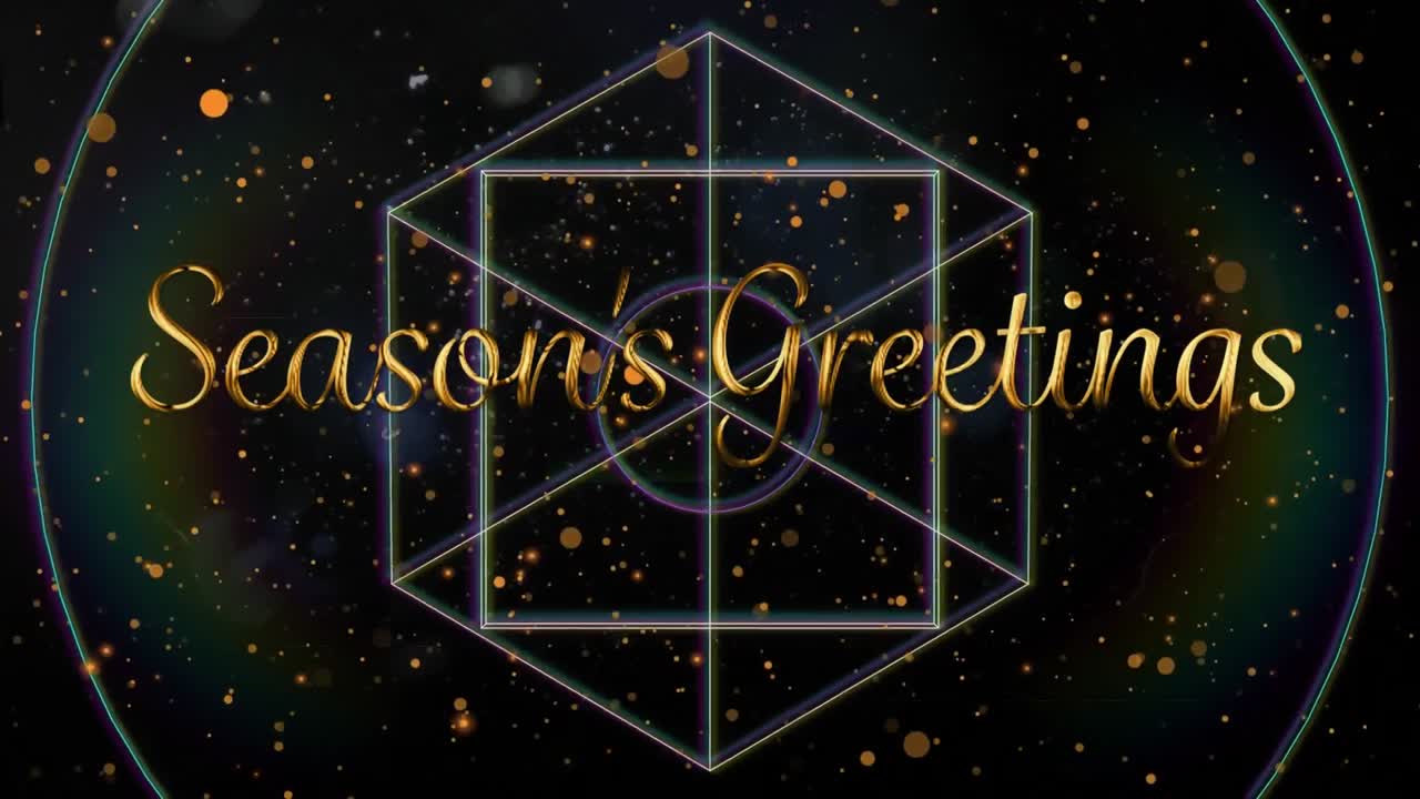 큐브, 기하학적 모양, 금색 점 및 계절의 애니메이션 검은 바탕에 인사