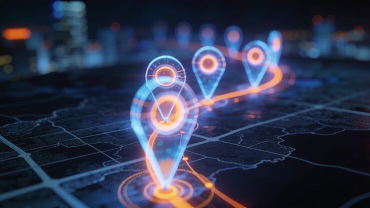 Animating neon pins and glowing orange route along map plane, sequence advancing showing progress