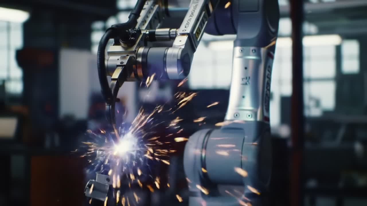 Advanced Robotic Arm Engaging in Precision Welding Process with Sparks Flying in a Futuristic Manufacturing Environment