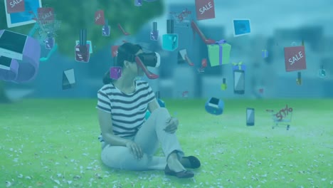 animation of caucasian woman wearing vr headset sitting in garden with floating social icons