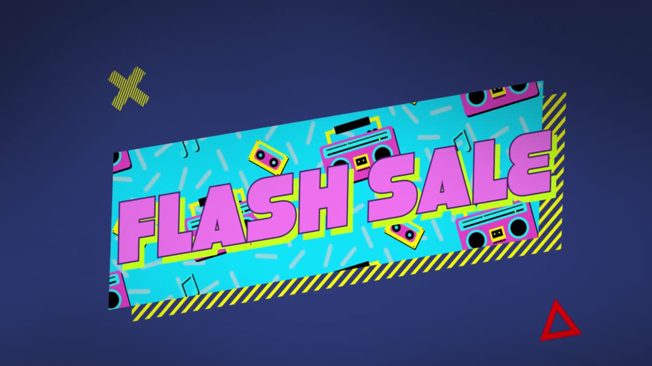 파란색 배경에 기하학적 모양을 가진 플래시 판매 텍스트 및 테이프 레코더의 애니메이션