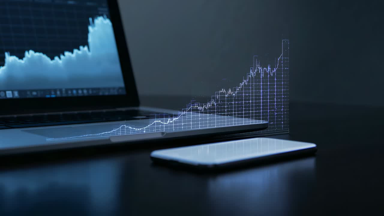 Projektor som viser diagram på laptop, stigende 3D-nett fra blokk på mørkt skrivebord, telefon i nærheten som viser vekst