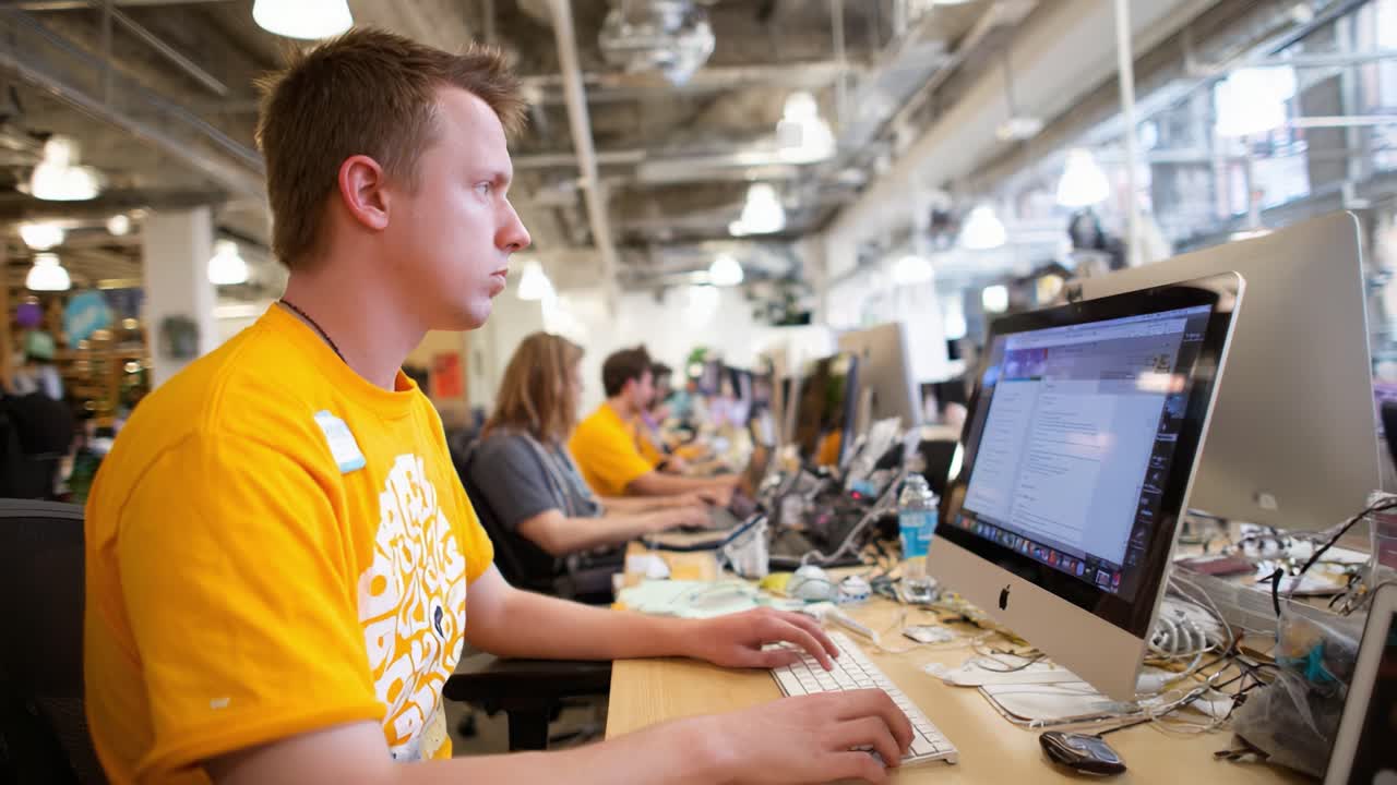 Focused Individual Working on a Computer in a Modern Office Environment Surrounded by Colleagues Engaged in Collaborative Tasks and Technology