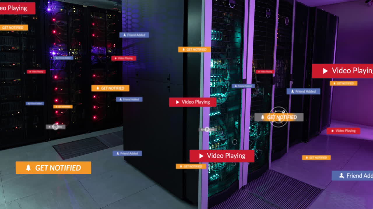 animación de iconos de redes sociales flotando contra la sala del servidor de la computadora