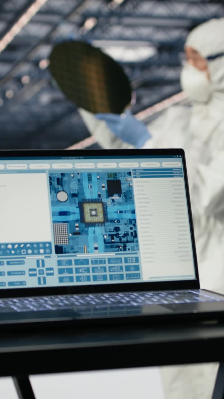 Vertical video Microchip foundry engineer monitoring PCB components hardware fabrication