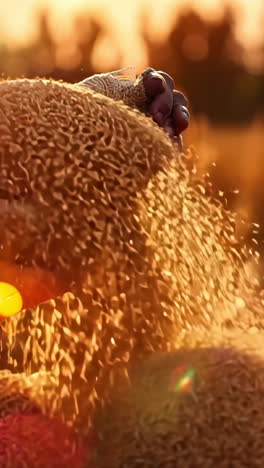 a man is holding a sack of grain and pouring it into a pile. the scene is set in a field, and the man is working on harvesting the grain