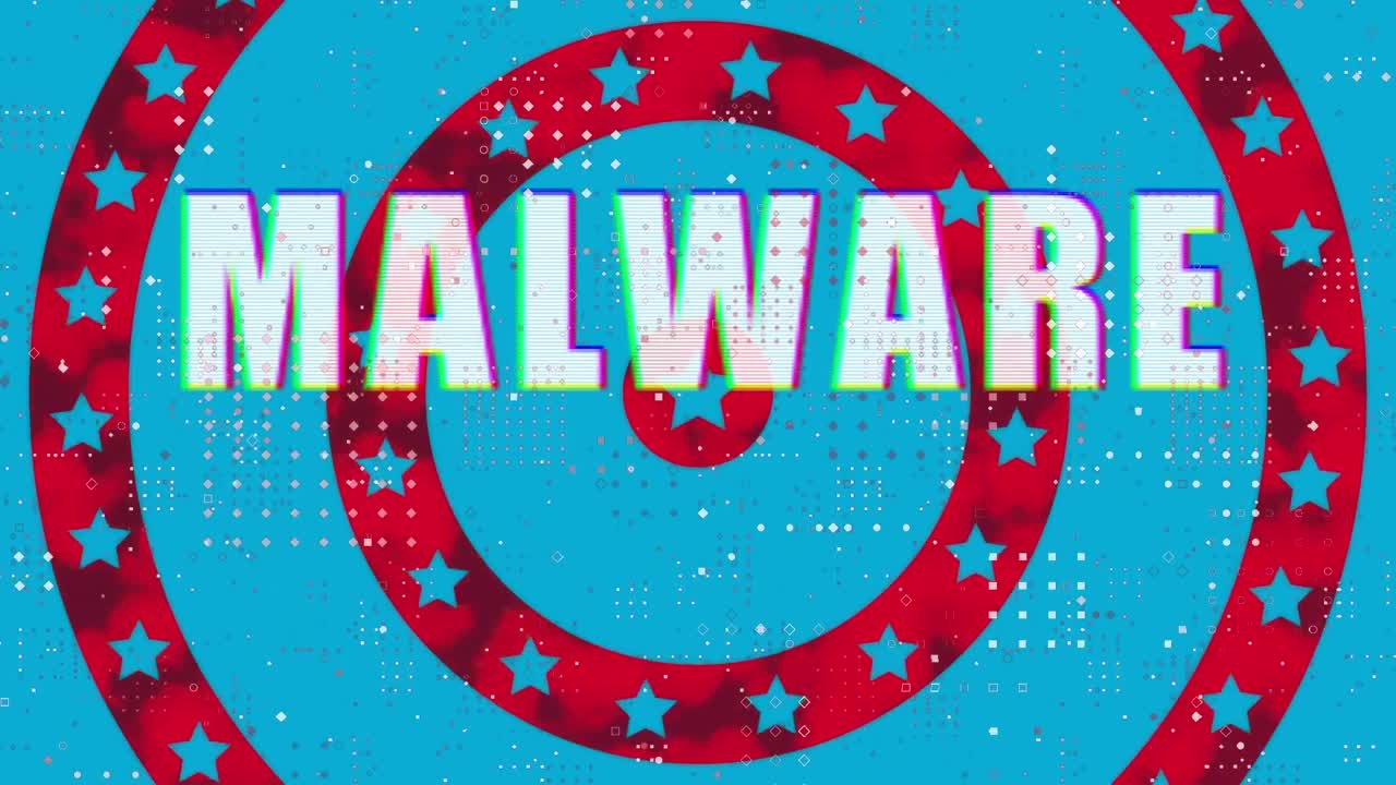 texto de malware y diseño de patrones de puntos contra estrellas en círculos giratorios sobre fondo azul