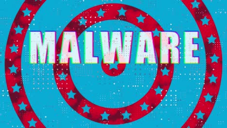 texto de malware y diseño de patrones de puntos contra estrellas en círculos giratorios sobre fondo azul