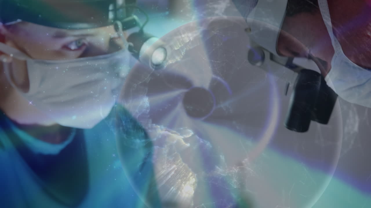 얼굴 마스크를 착용한 백인 외과 의사들의 전 세계 애니메이션