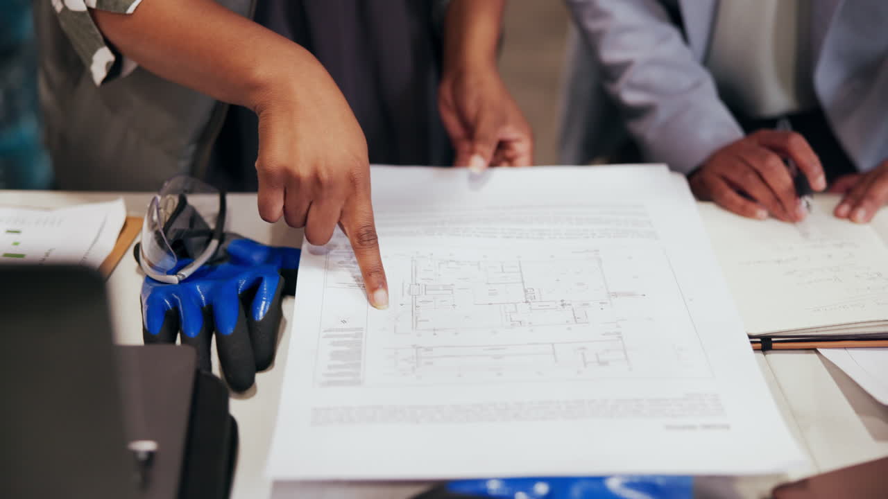 Hands Pointing at Architectural Blueprints During a Meeting