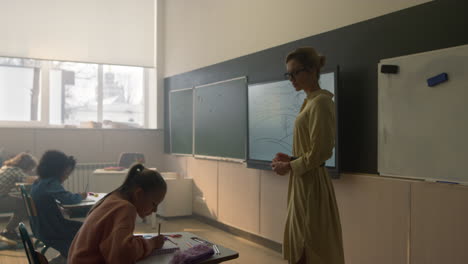 female teacher standing at blackboard in front of class full of children