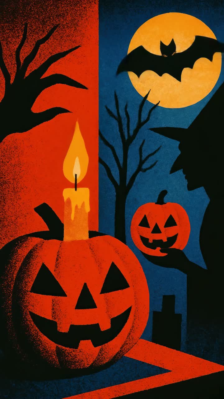 Vintage Halloween scene with pumpkins, candle, and witch silhouette. Shot from a side angle, perfect