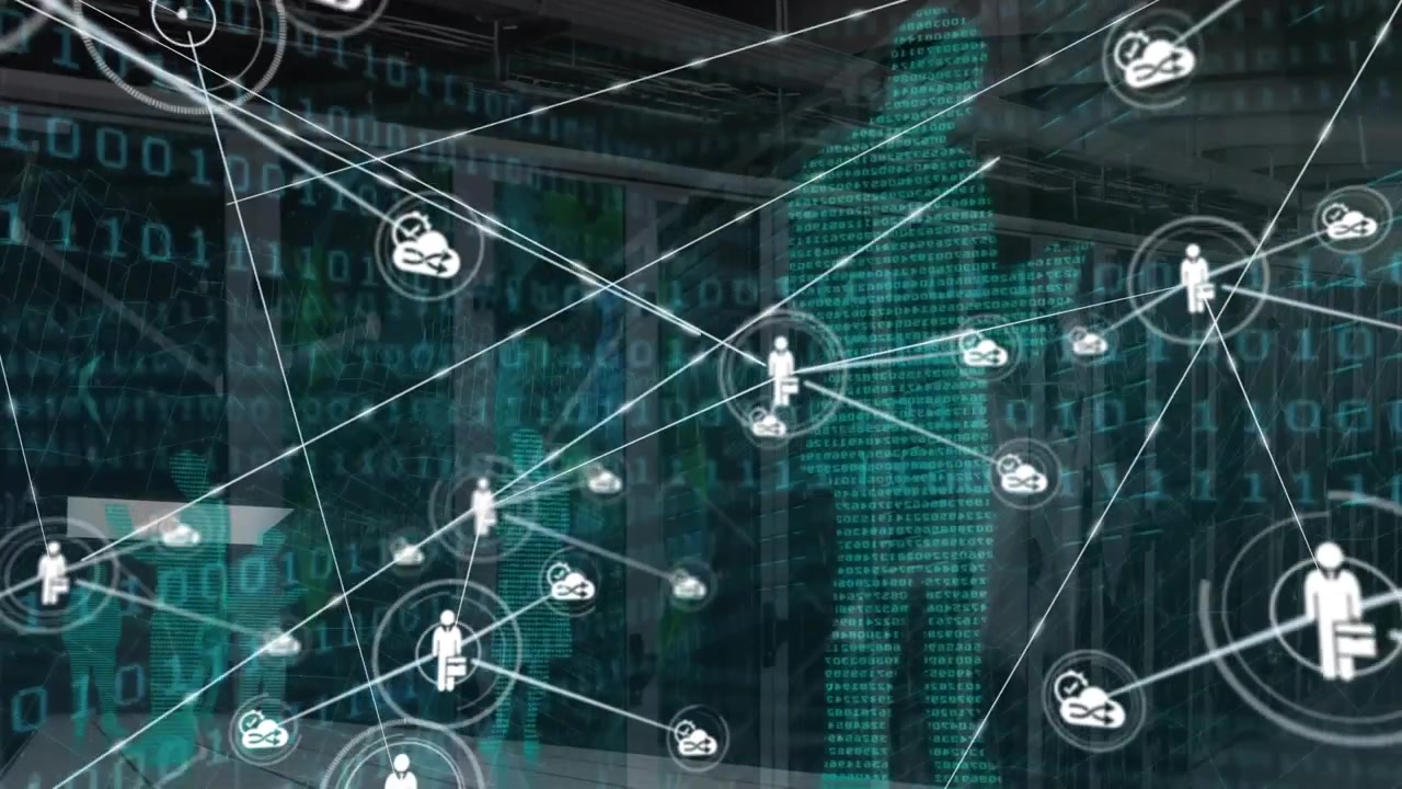 Animation of network of connections over data processing and cityscape