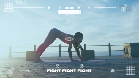 woman practicing yoga on mat, fight fight fight text animation over scene