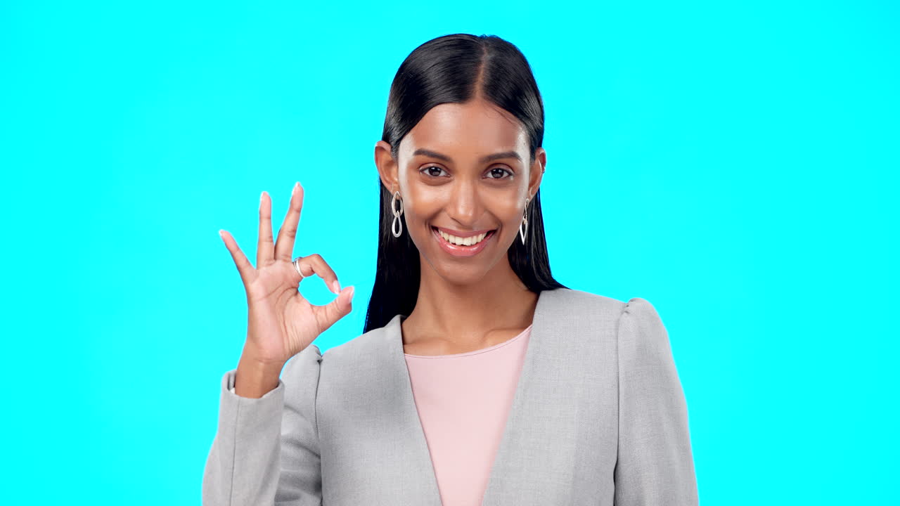 Perfect, satisfied and businesswoman with ok hand