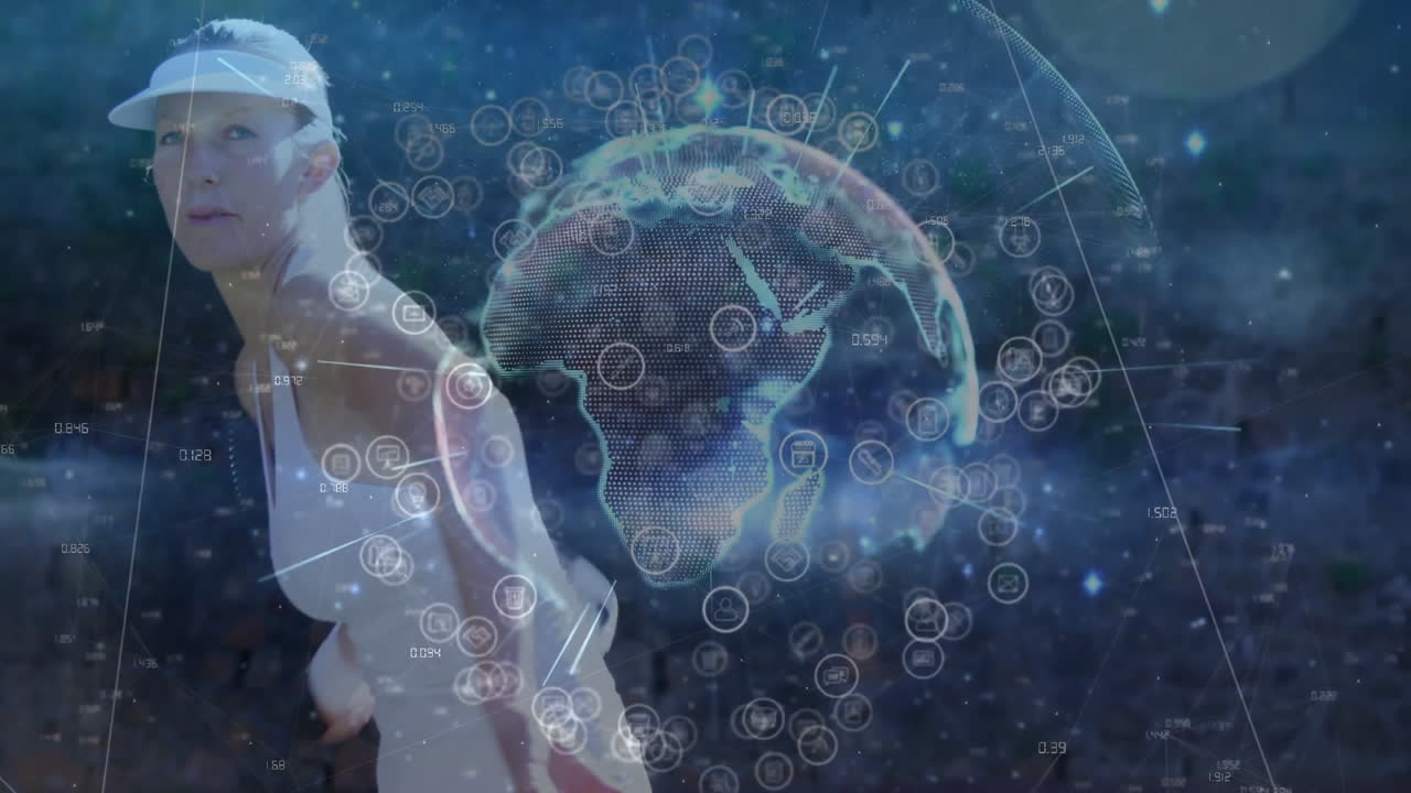 woman gazing over shoulder in tech space, displaying holographic Earth globe with network nodes